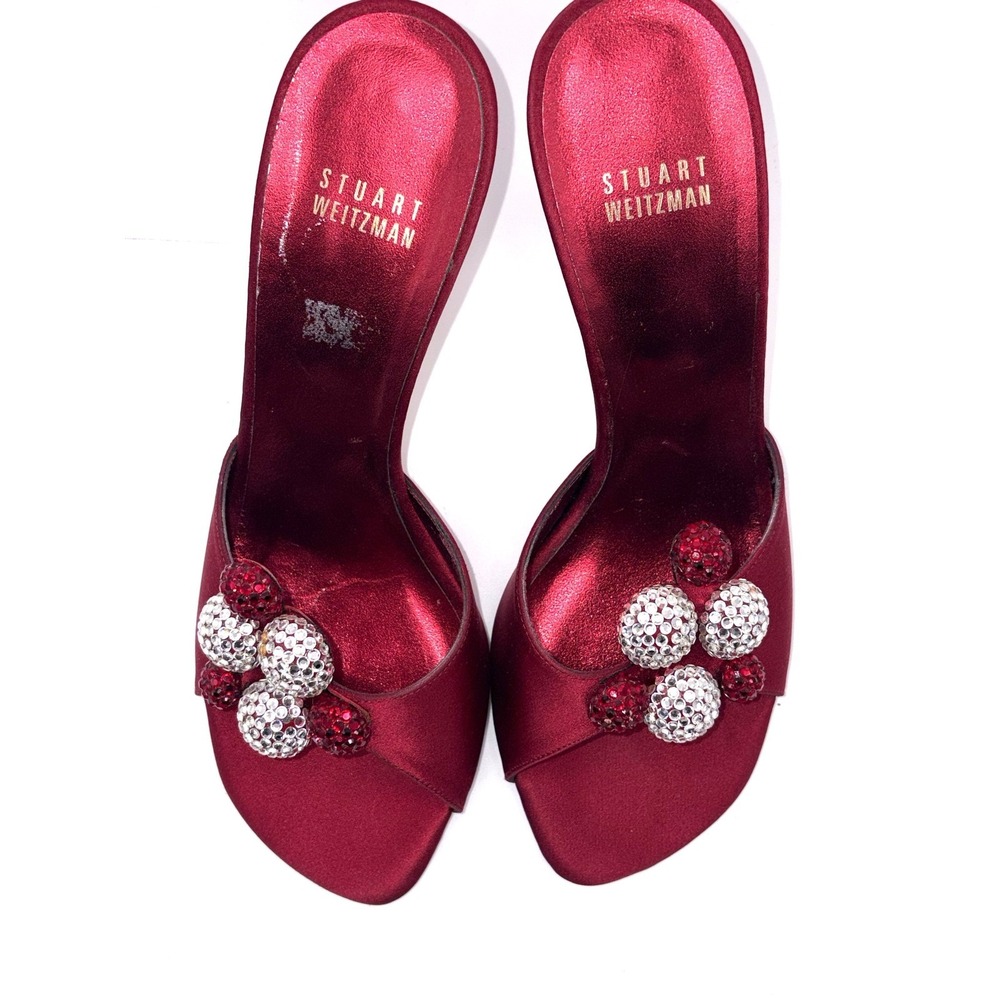 Stuart Weitzman Burgundy Satin Crystal Embellished Mules Stiletto Heels Spain